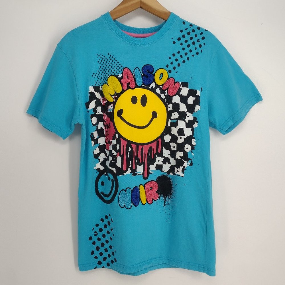 Maison Noir Smiley Face Spray Paint Blue T-Shirt